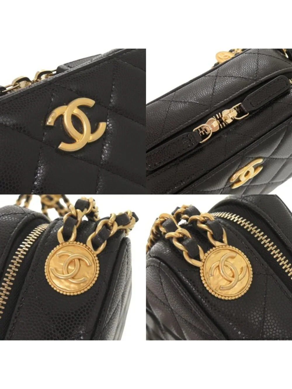 Chanel CC Logo Quilted Mini Camera Bag Caviar Leather Black Gold Chain